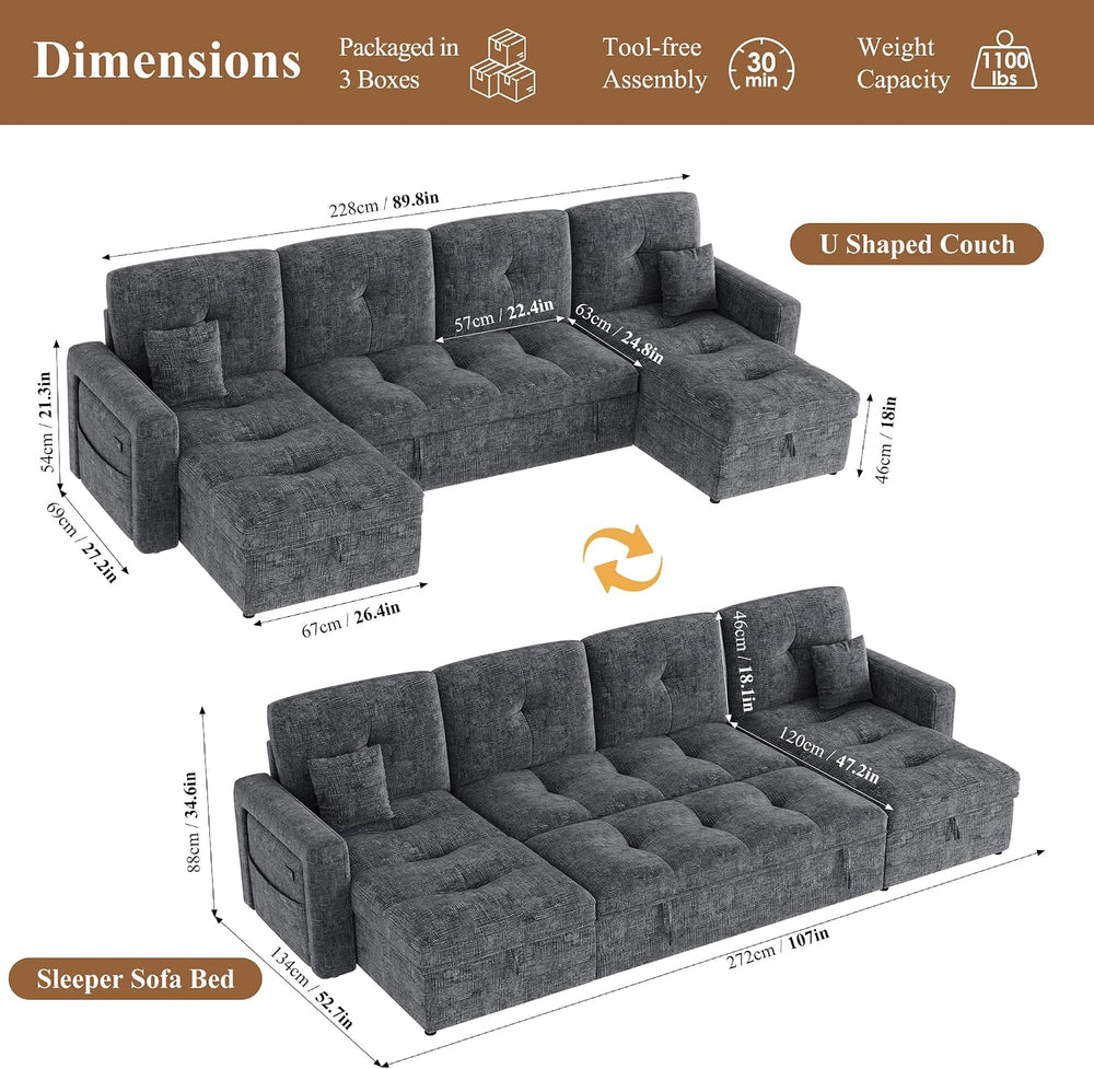 107'' LED U-Shaped Sectional Couch for Living Room, Sleeper Sofa Bed,...