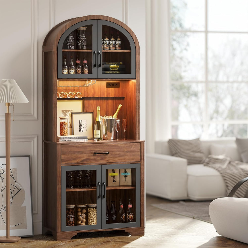 75" Tall Arched Pantry Cabinet with Charging Station & LED Light, Ki...