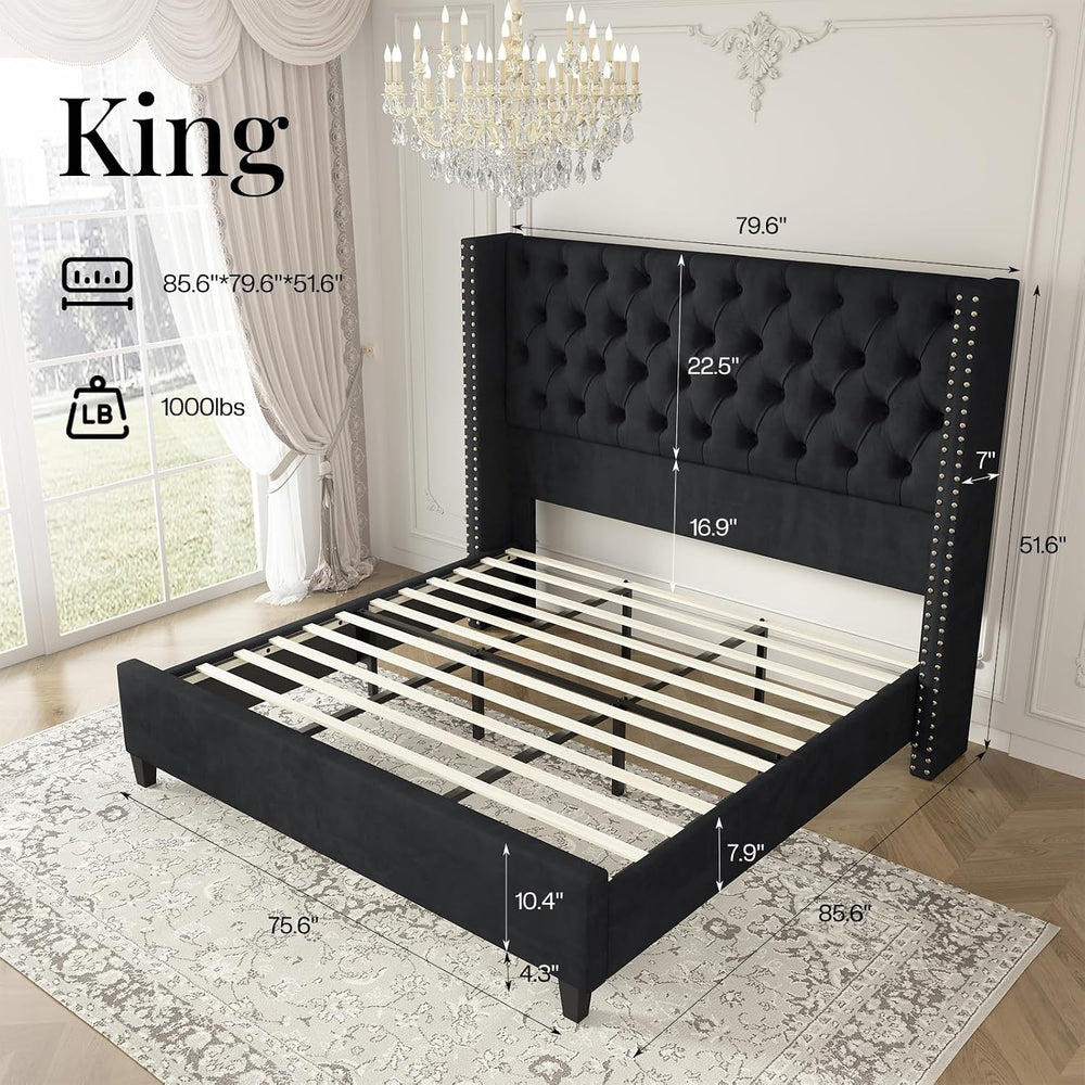 Jocisland King Size Bed Frame with 51.6" Velvet Wingback Headboard, Black