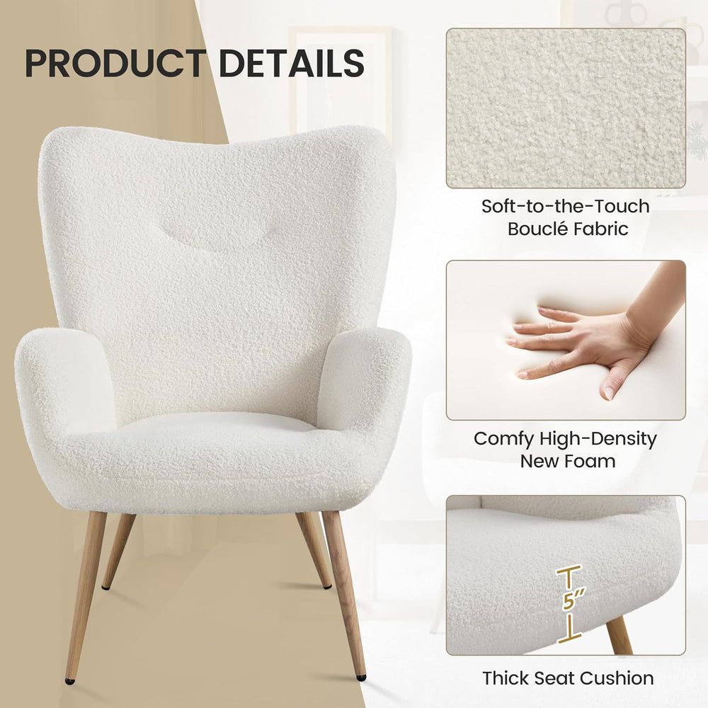 Yaheetech Barrel Chair, Fuzzy Accent Chair with High Back, White | Boucle Fab...
