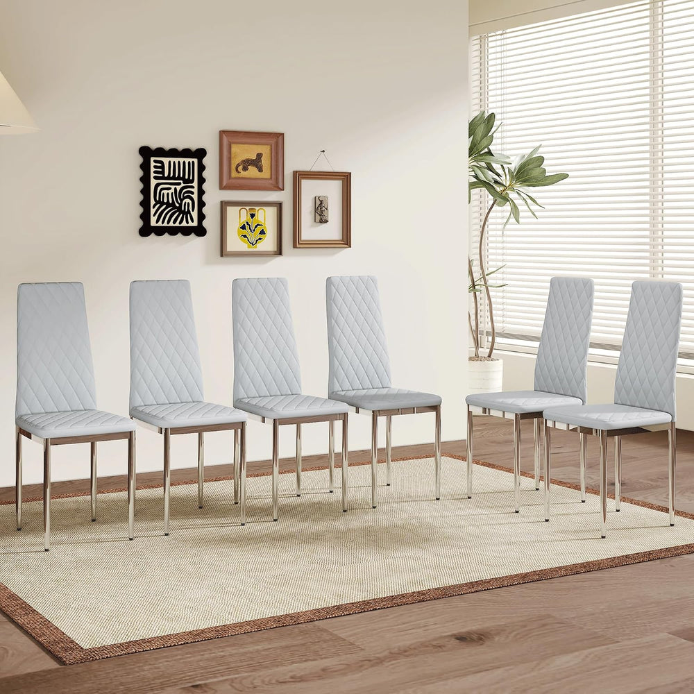 Dining Chairs Set of 6, Gray PU Leather, High Back, Silver Legs | Modern upho...