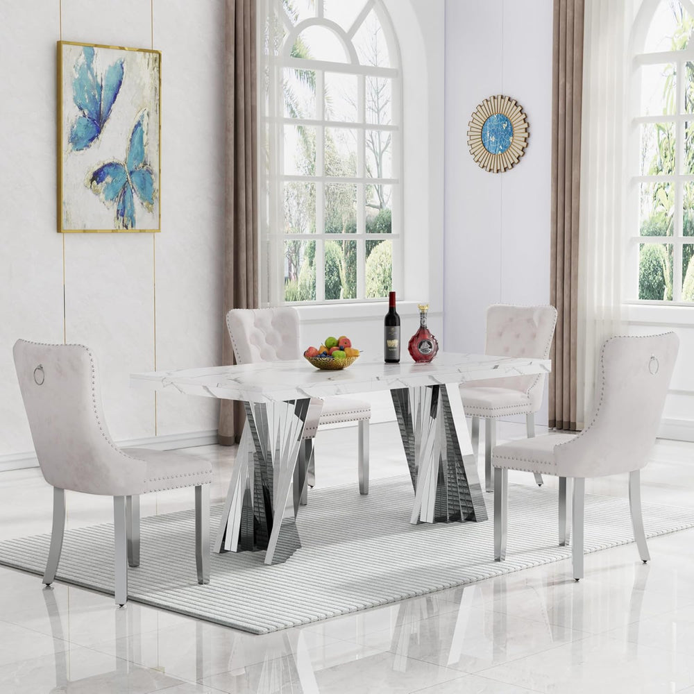 70" Faux Marble White Dining Table for 6, Modern Dining Room Table with ...