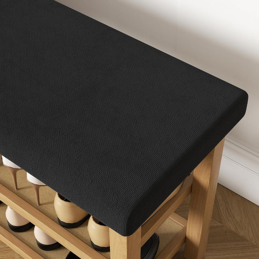 2 Tier Shoe Rack Bench with Cushion, Rubberwood Shoe Benches, Mid-Century Mod...