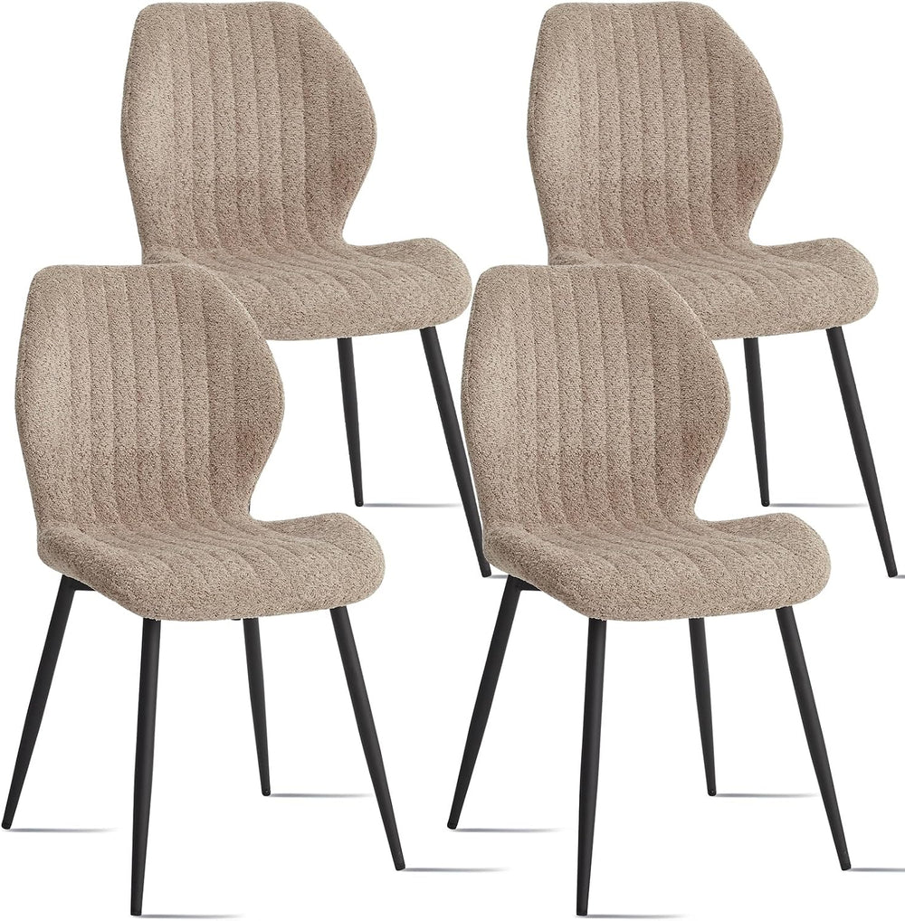 Modern Minimalist Dining Chairs Set of 4, Boucle Fabric, Brown | Thick High-D...