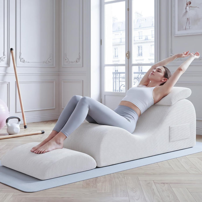 Convertible Yoga Chair Lounge for Adults, Ergonomic Foam Chaise Lounge Chair with Headrest, Waist Pad, Double Side Pockets, No Assembly Needed, Perfect for Yoga, Stretching in Living Room Bedroom