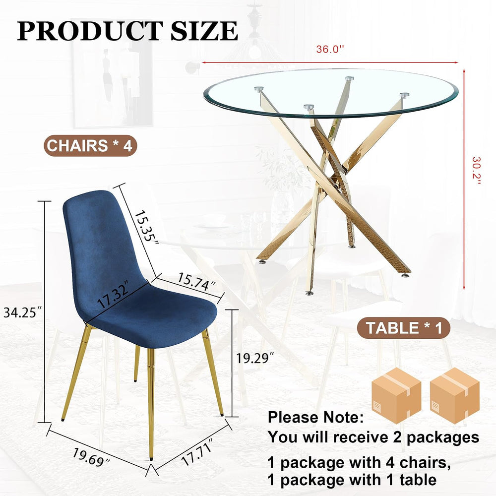 5-Piece Glass Dining Table Set, Modern Round Gold Dining Room Set with Temper...