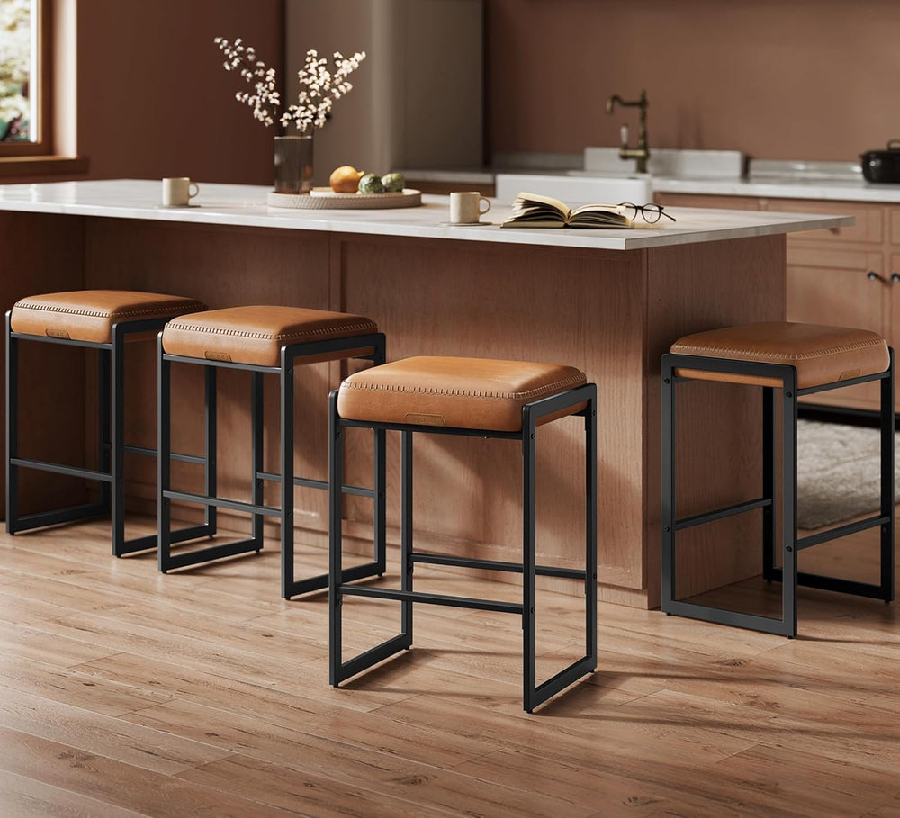 VASAGLE Bar Stools Set of 4, Counter Height, PU Leather, 26-Inch | Mid-Centur...