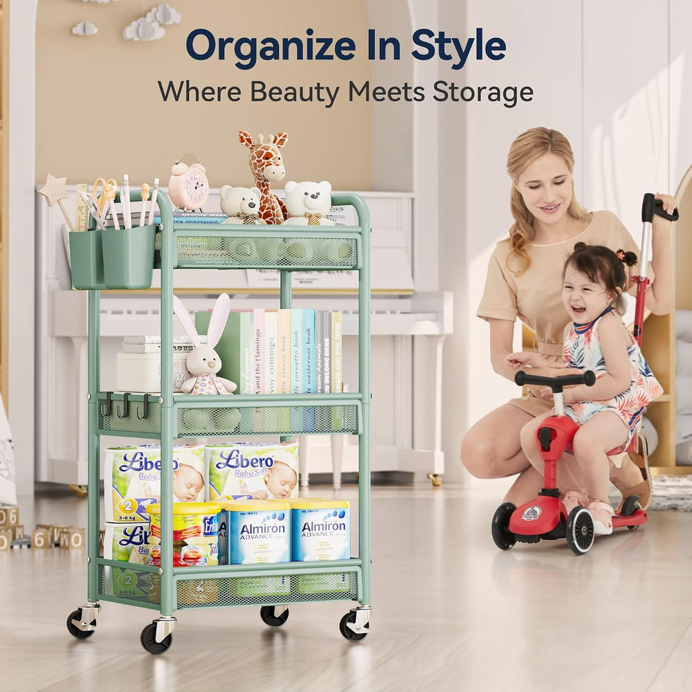 YASONIC 3 Tier Metal Rolling Cart, Green Utility Storage Cart with Wheels | M...