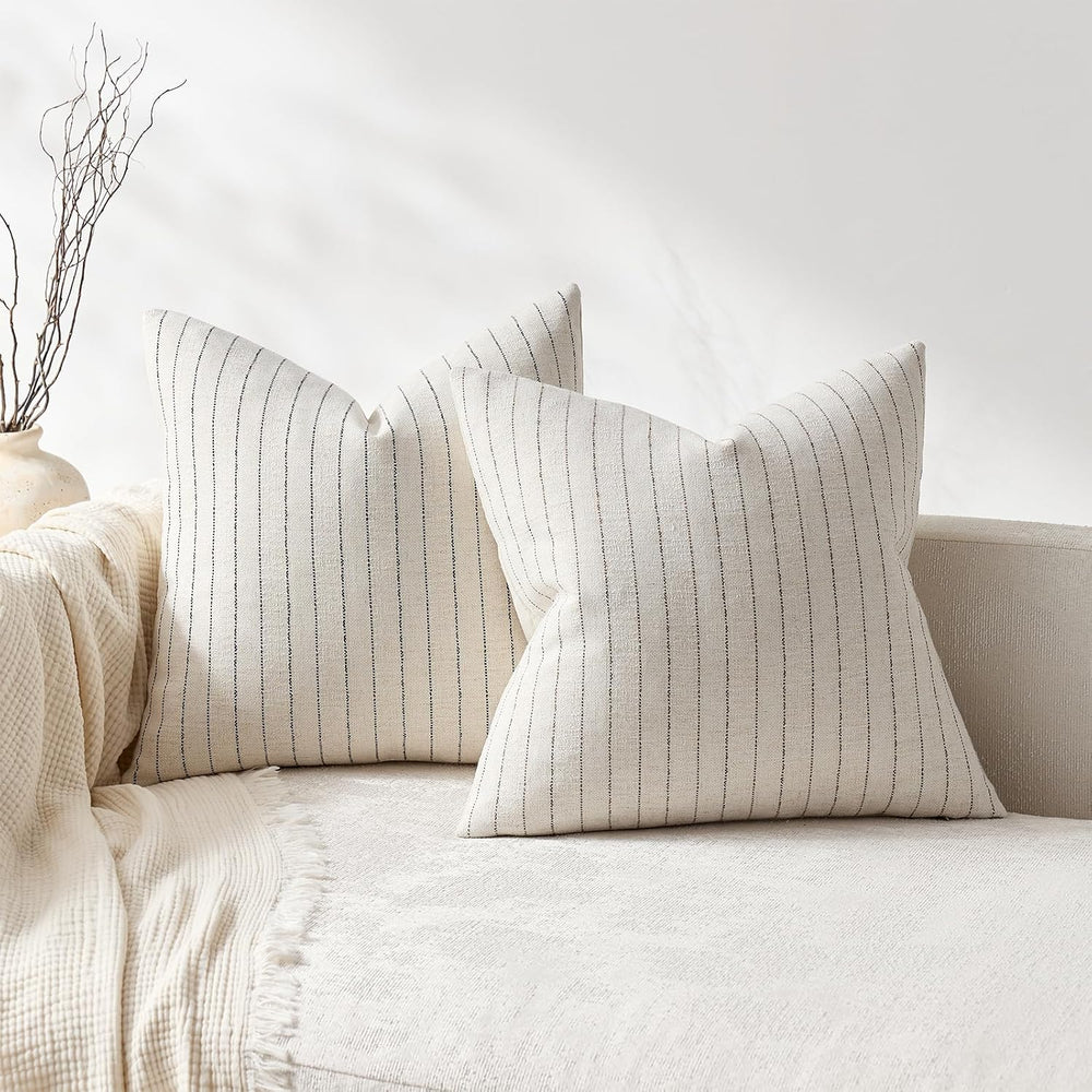 DEZENE Pack of 2 Linen Striped Throw Pillow Covers 26x26 Neutral Euro Sham Co...