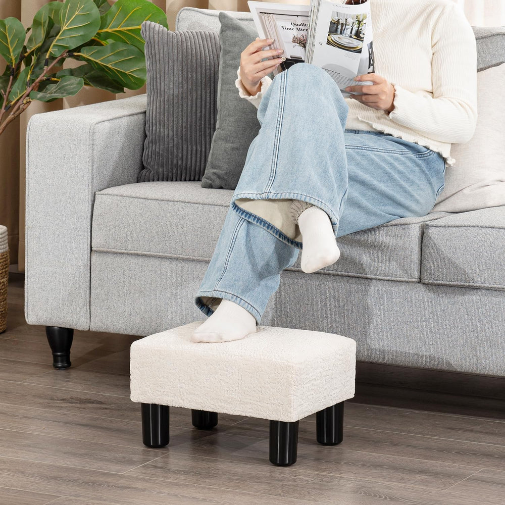 Adeco Boucle White Foot Stool with Legs, Small Footstool Ottoman, Fabric Seat...
