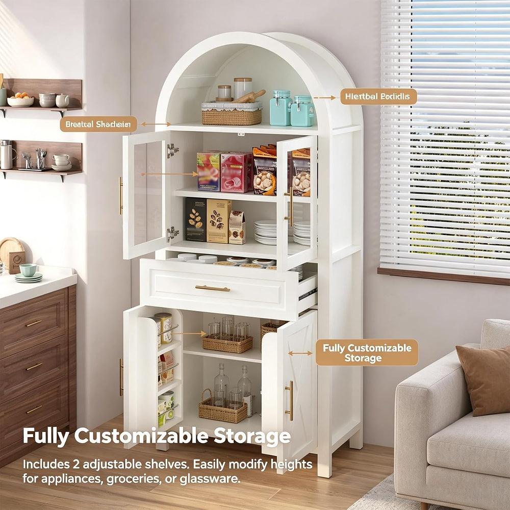71" Tall Arched Kitchen Pantry Cabinet with Glass Doors - Farmhouse Stor...