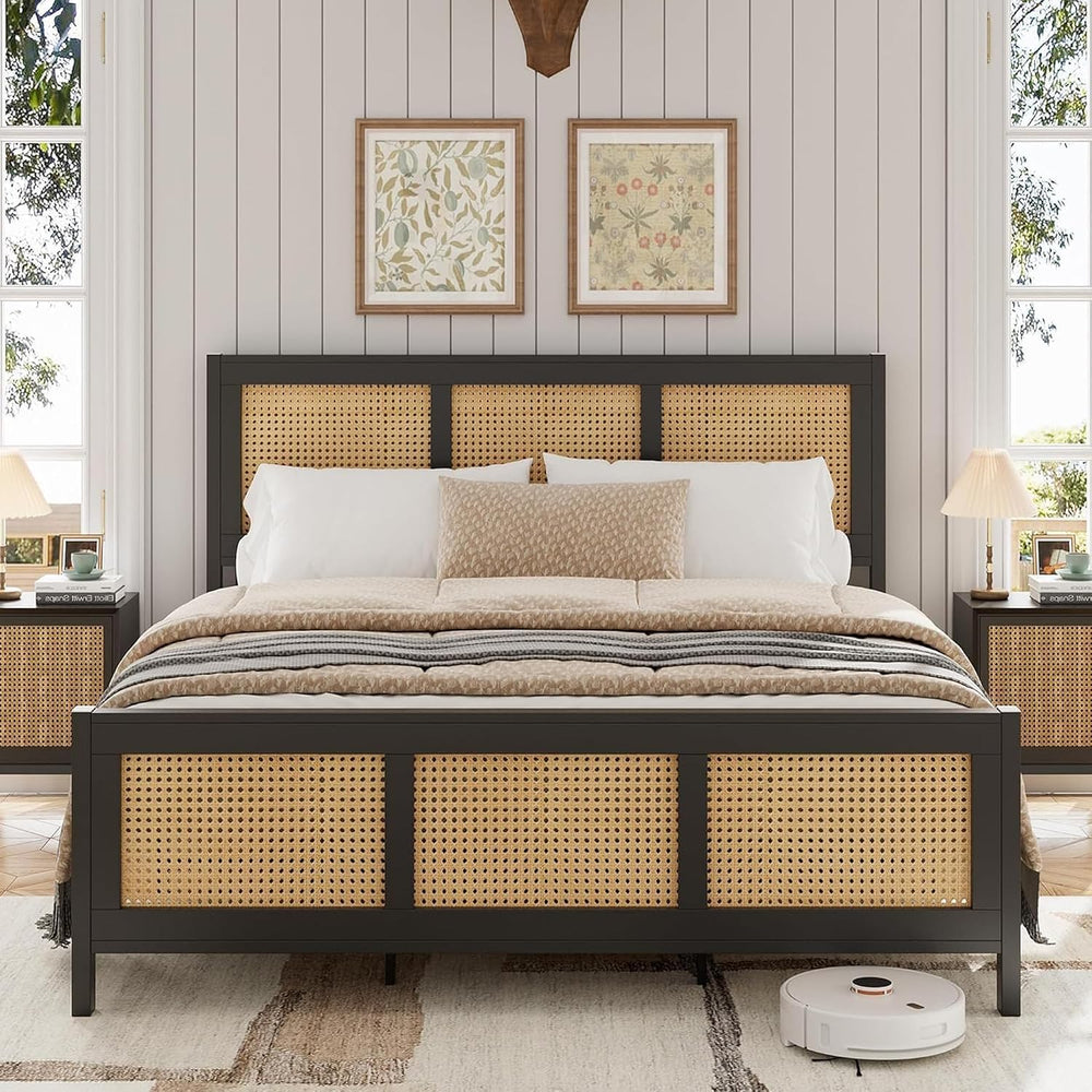 GarveeHome Rattan Full Size Bed Frame with Headboard, Black