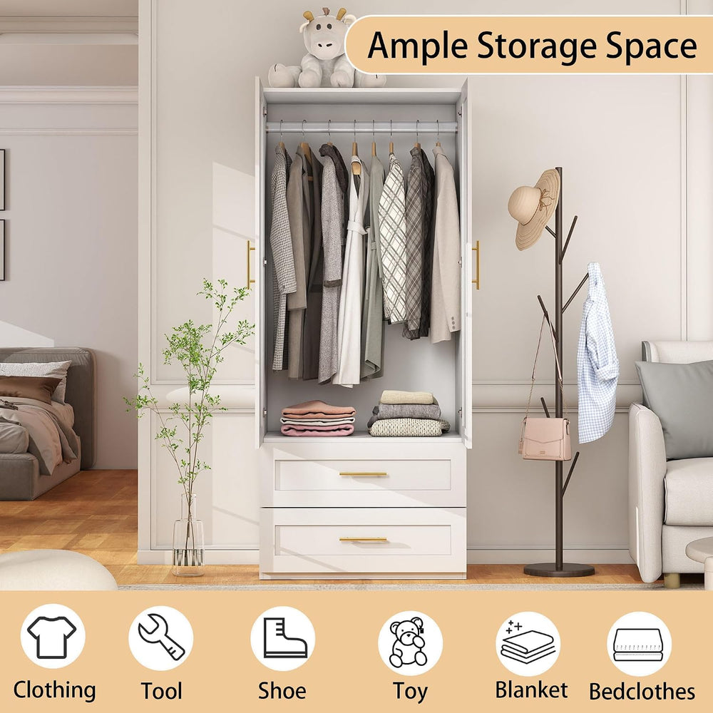 White Wardrobe with 2 Doors: 75" Tall Armoire Wardrobe Closet with 2 Dra...