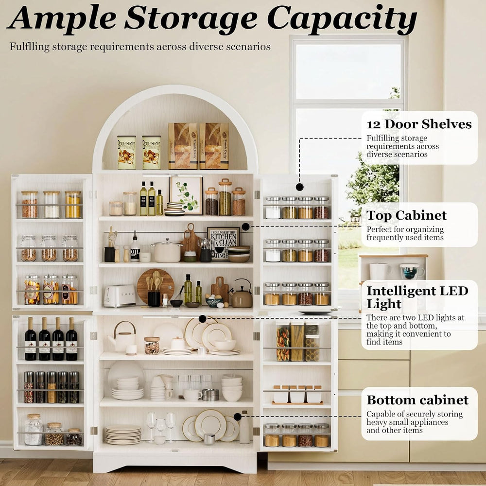 70" Tall Arched Pantry Cabinet, Kitchen Cupboard with Barn Doors, Adjust...