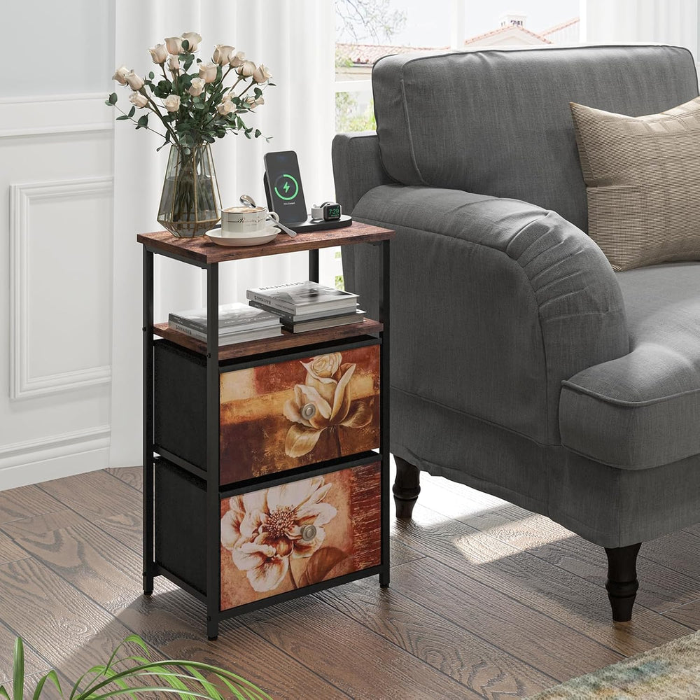 ALBAD Nightstand with Charging Station and LED Lights, Brown Flower Drawers |...