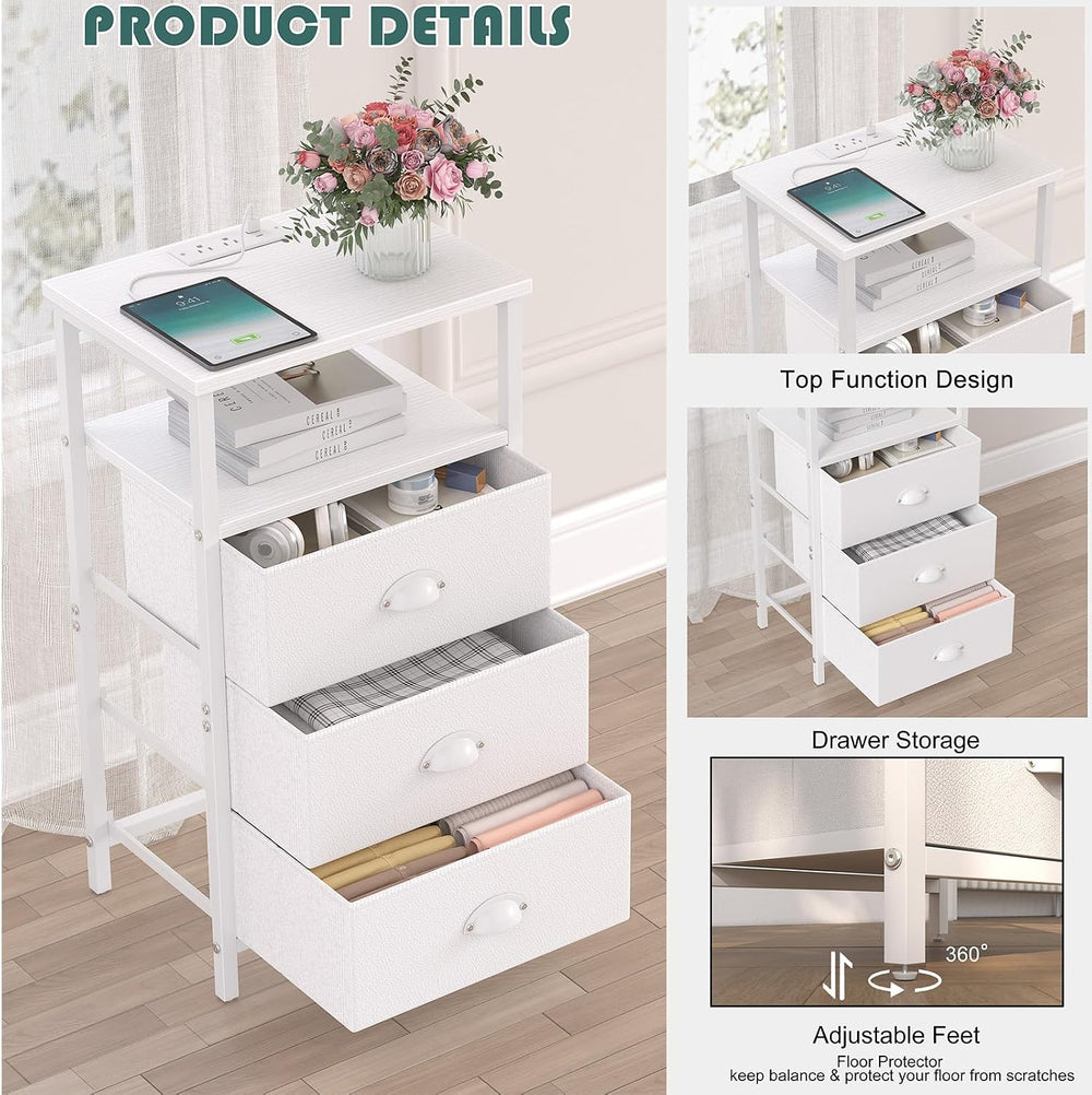 sthmec Nightstand with Charging Station,LED White Nightstand with 3 Fabric Dr...