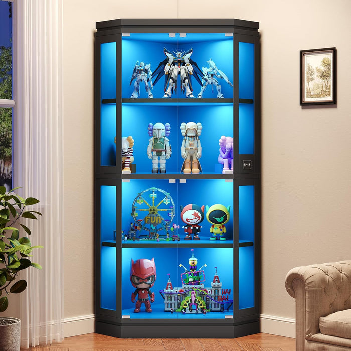 Jocoevol Corner Display Cabinet with 4 Glass Doors, 4-Tier Display Cases with RGB Lights for Collectibles, 67'' Tall Corner Curio Cabinet with Human Body Sensor for Living/Game Room (Black)