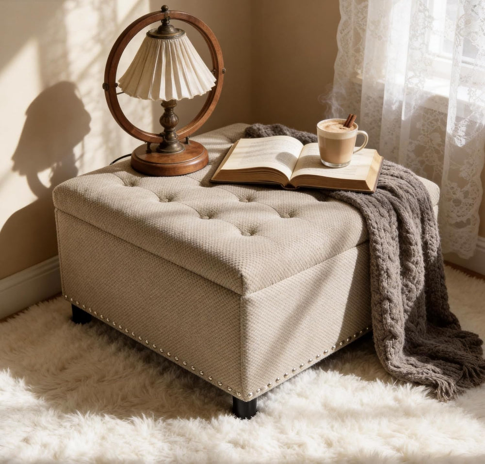 Oversized Square Ottoman with Storage for Living Room, Upholstered Fabric Tuf...