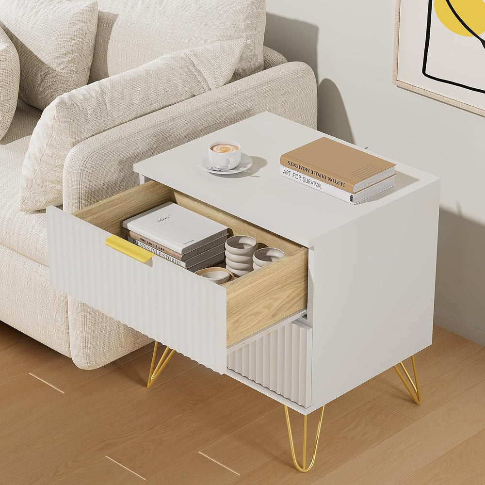 White Nightstand Set of 2, Modern Night Stand Bedside Table with 2 Storage Dr...