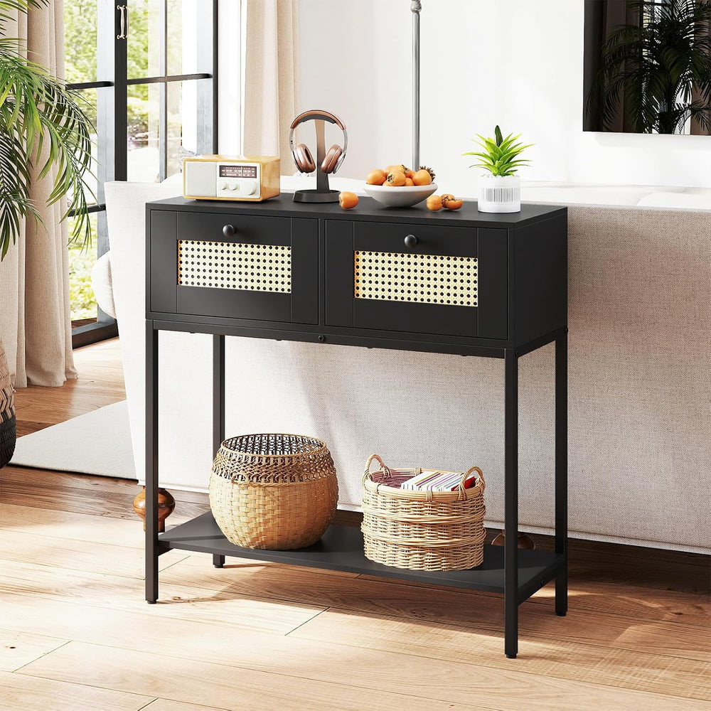 GIANTEX Rattan Console Table, 32" Boho Entryway Table with 2 Drawers | M...