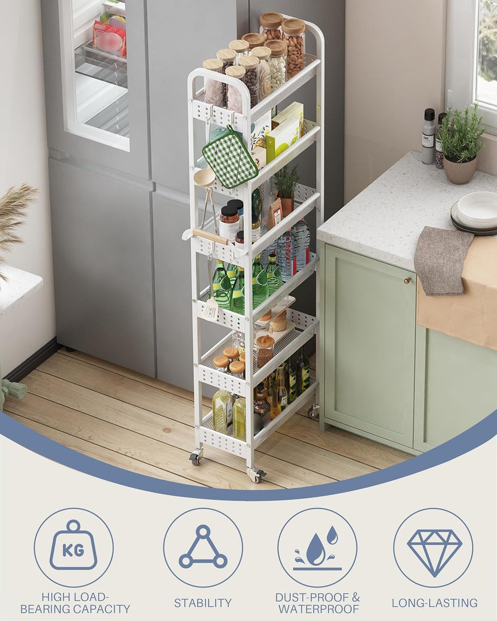 6 Tier Slim Storage Cart, Narrow Rolling Cart with Wheels (White) | Easy-grip...