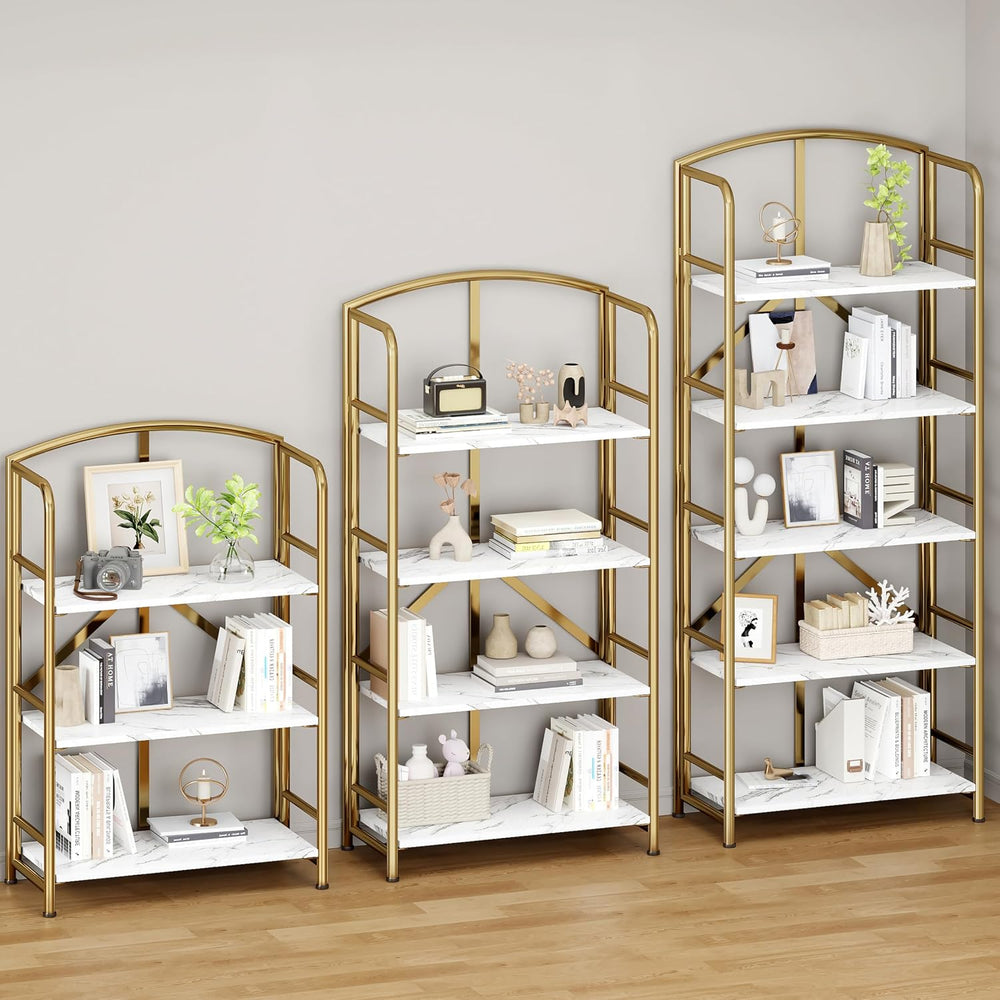 No Assembly,Gold Folding Bookshelf 5 Tiers, Vintage Storage Rack,Brown&Gold