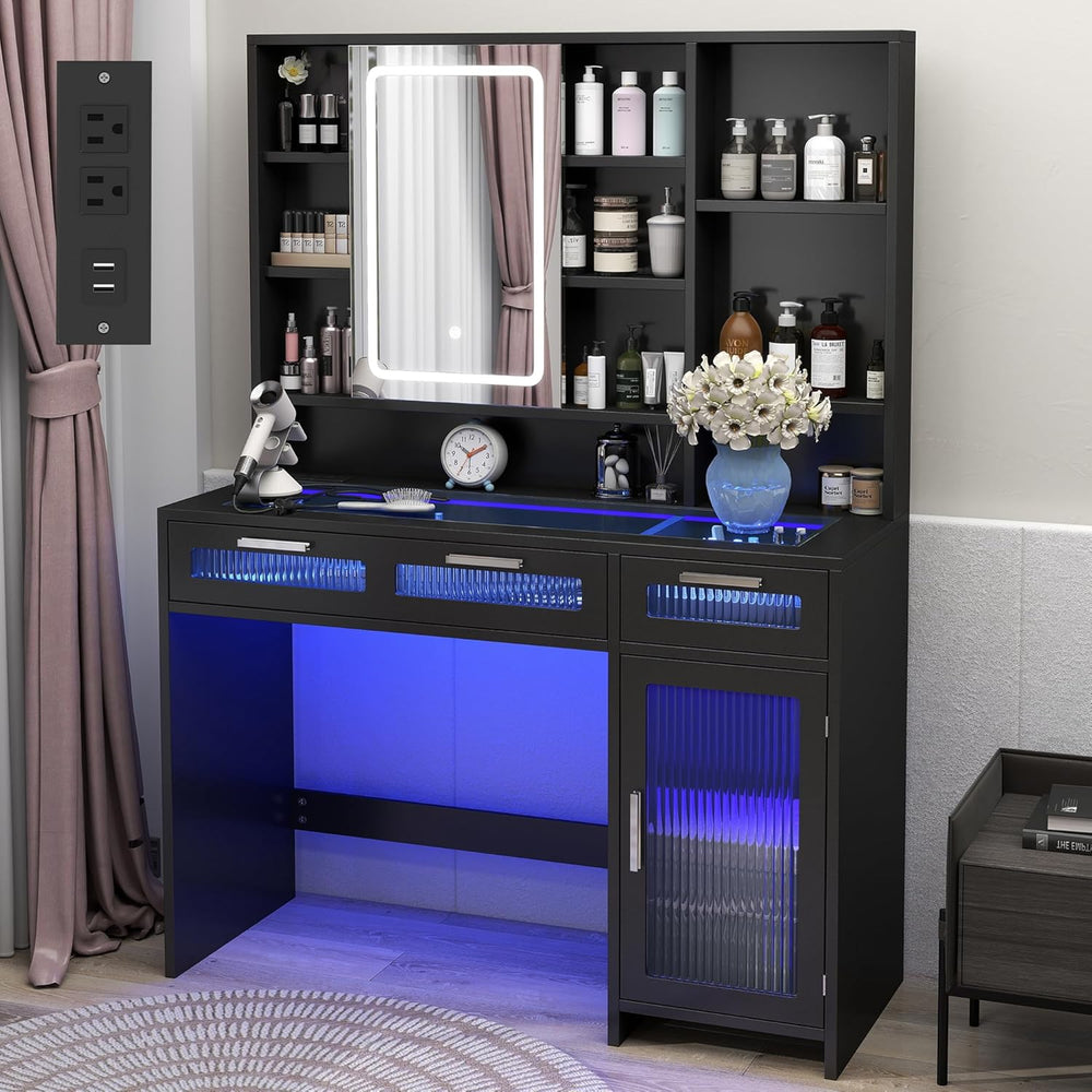 Hadulcet Black Vanity Makeup Desk with Sliding Mirror and Lights, 43” Transpa...