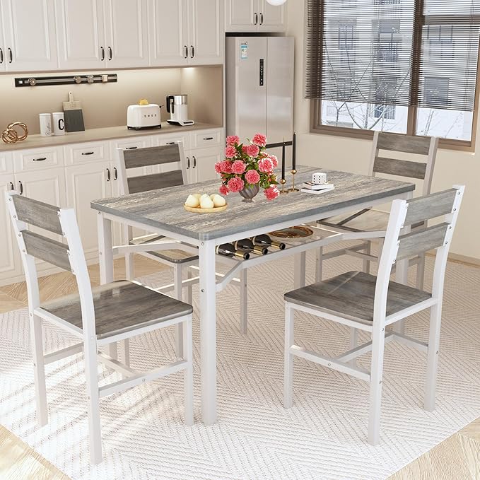 Hooseng Dining Table Set for 4, Wood Kitchen Table Chairs Set with Storage, F...