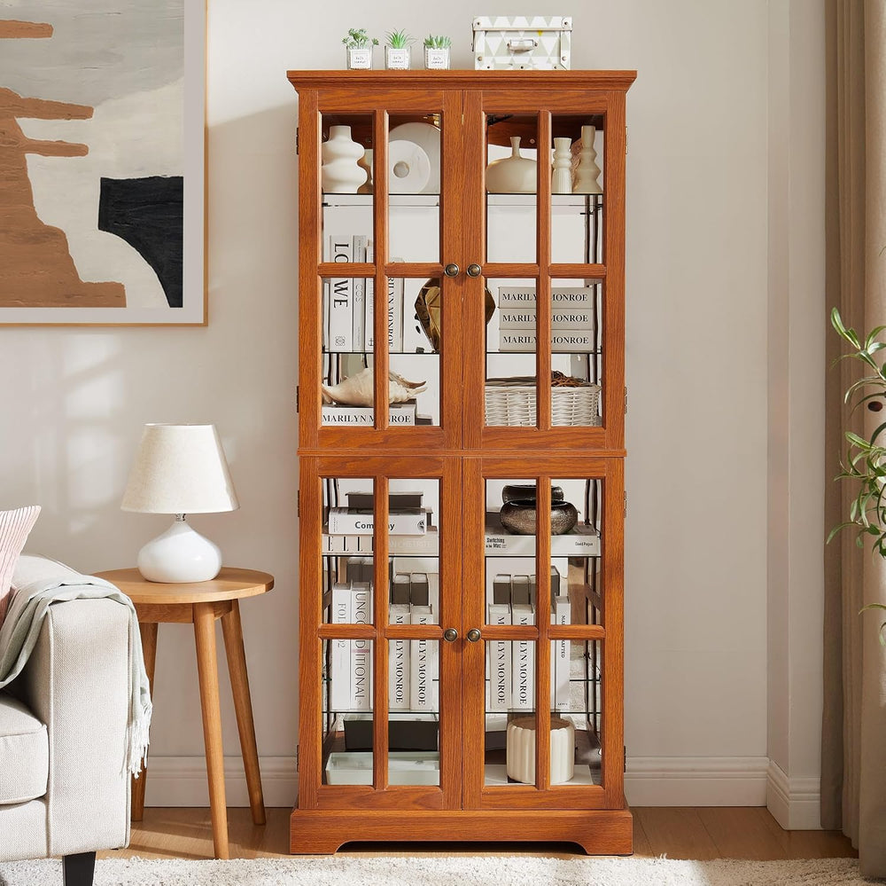69" Lighted Display Cabinet with 4 Glass Doors, Tall Elegant Bookcase wi...