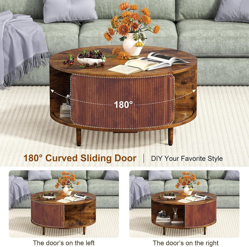 Round Coffee Table, 31.5" Fluted Center Table with Storage, Lift-Top Cof...