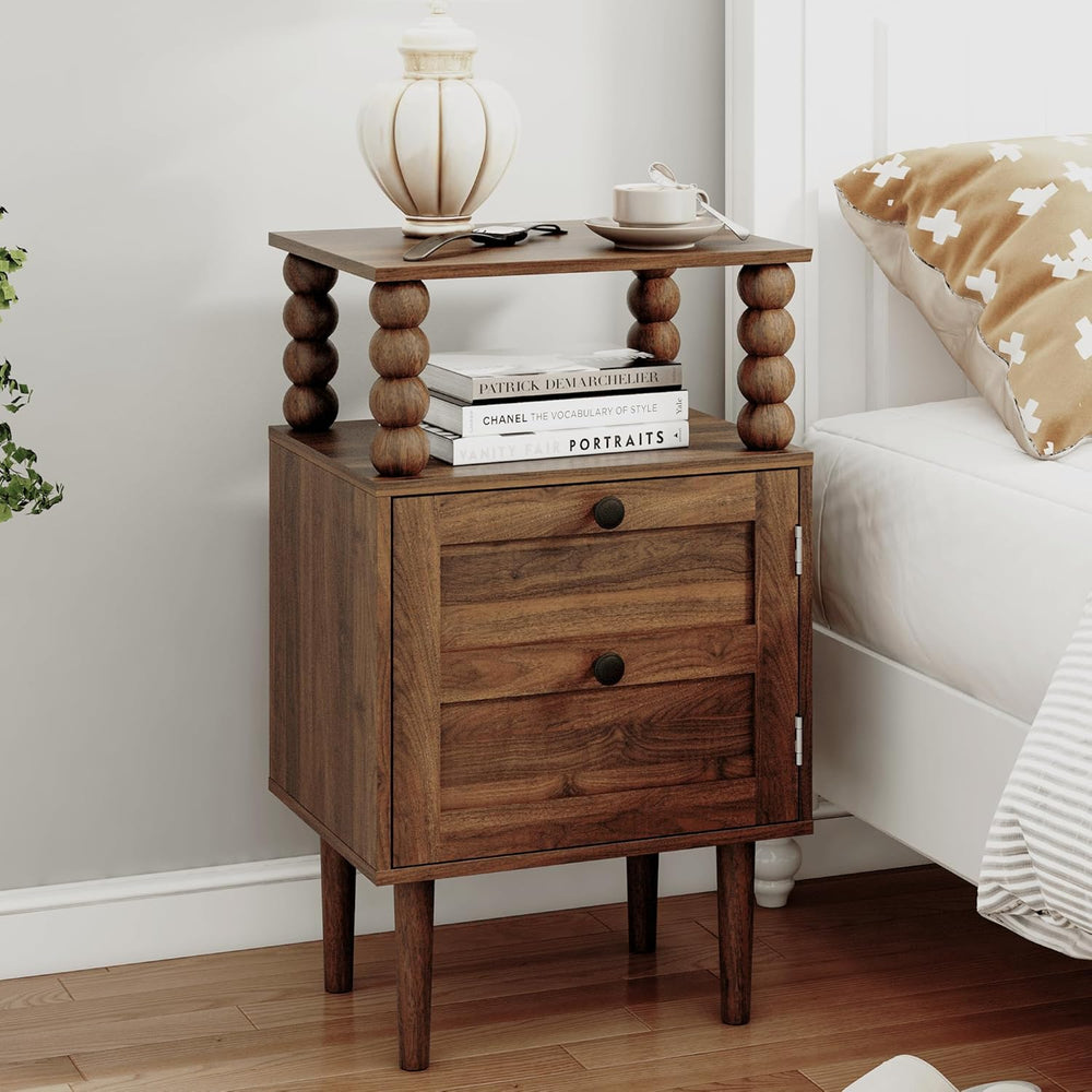 Veegle Nightstand,Modern Bedside Table with Storage Drawer and Open Wood Shel...