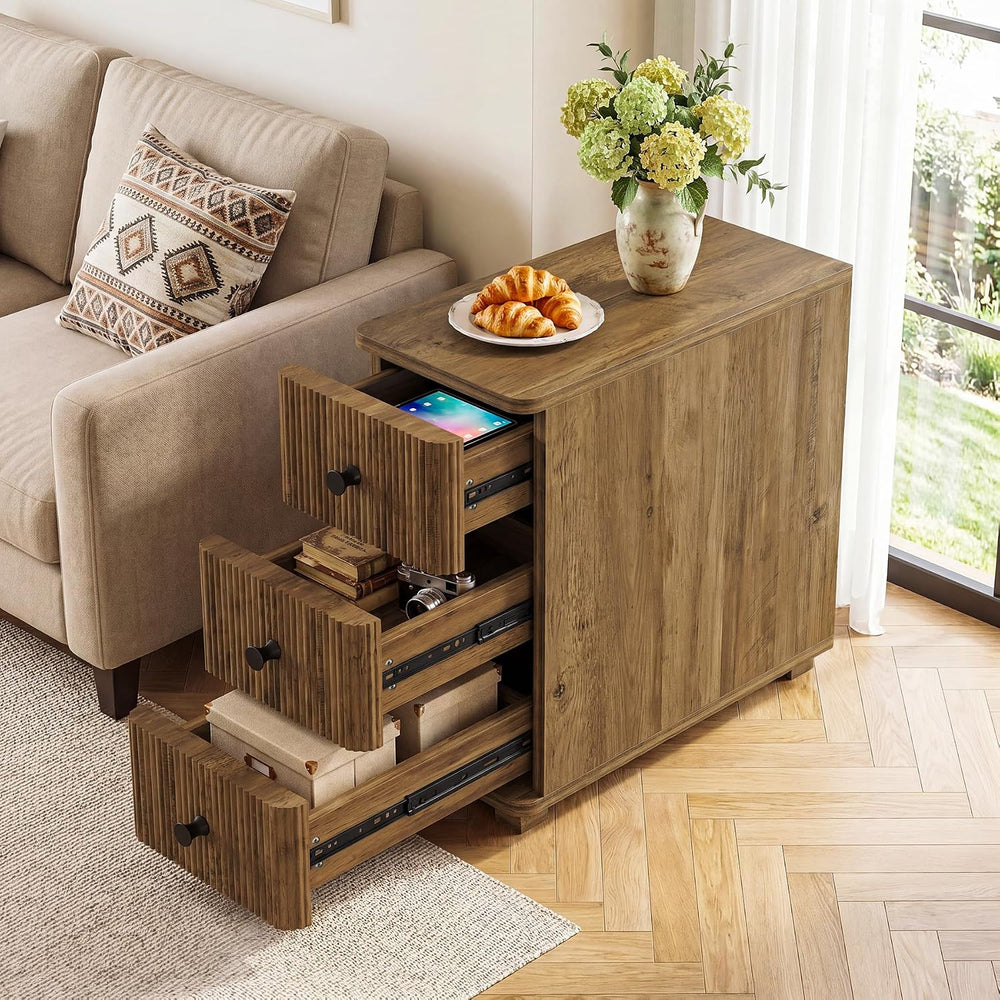 Tribesigns End Table with 3 Drawers, Farmhouse Fluted Narrow Side Table, Wood...