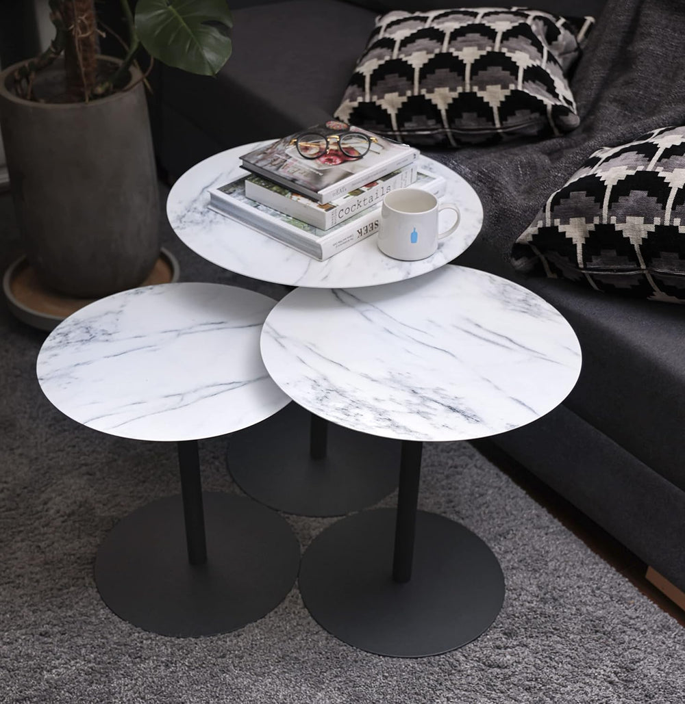 4-pcs Round Metal Coffee Table Set with Marble Finish Table Top and Black Pow...