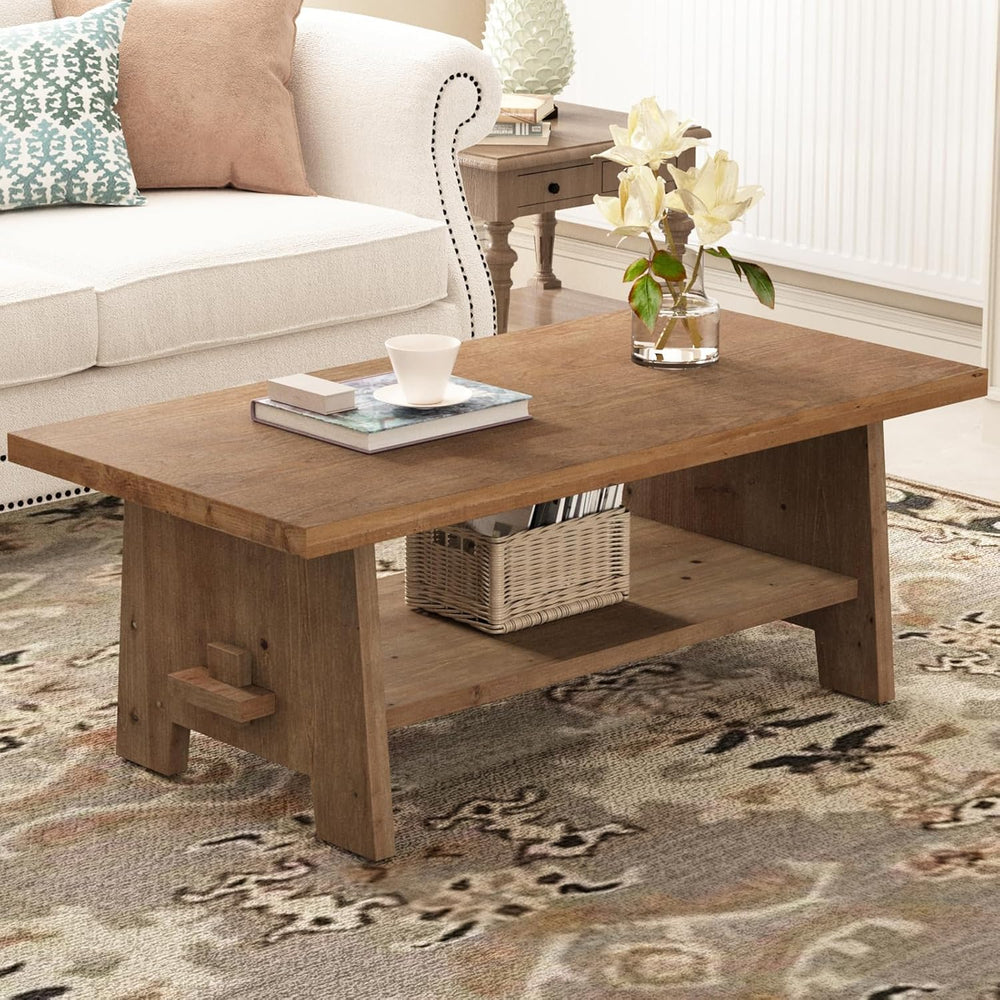 Farmhouse Wood Coffee Table - 43.4" Rectangle Coffee Table Solid Wood Ta...