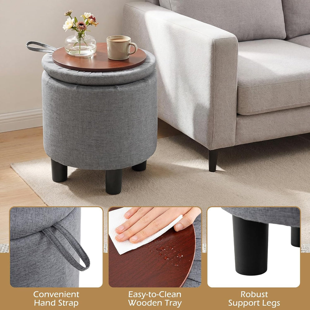 GIANTEX Linen Fabric Round Storage Ottoman with Removable Lid, Gray | Upholst...