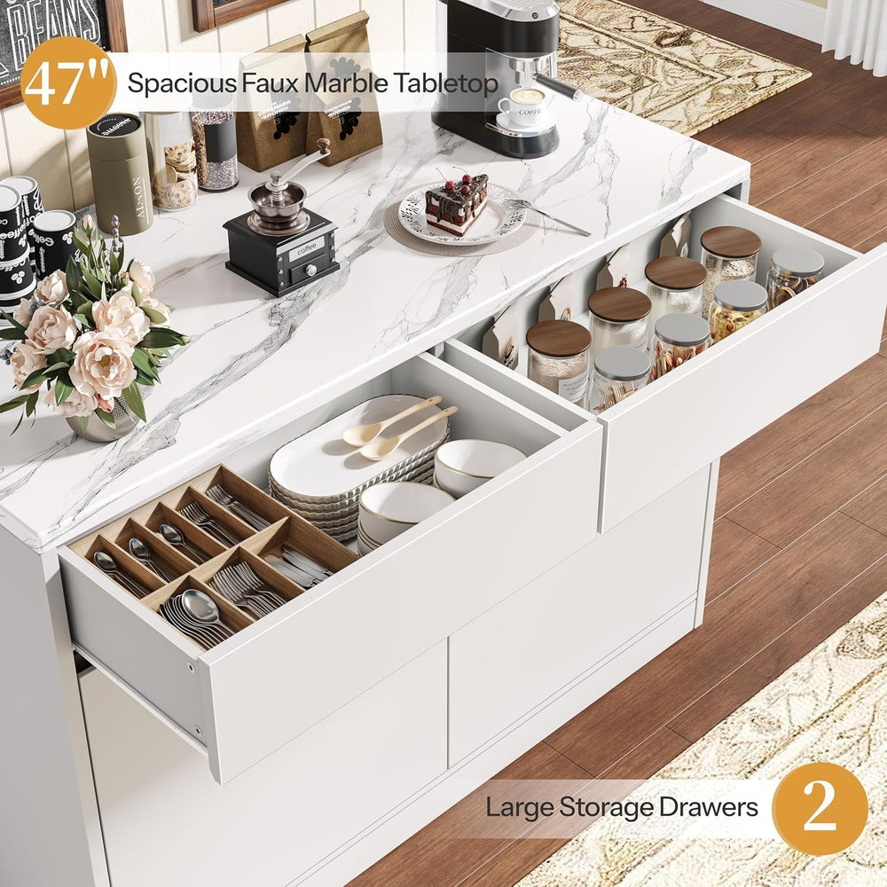 DynJest Kitchen Island with Storage, 47.2" Large Faux Marble Countertop ...