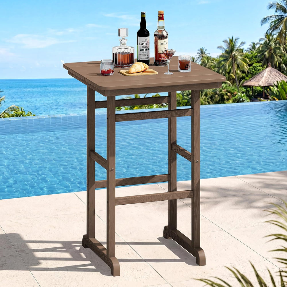 SERWALL HDPE 41.7" Bar Height Table with Umbrella Hole, Brown
