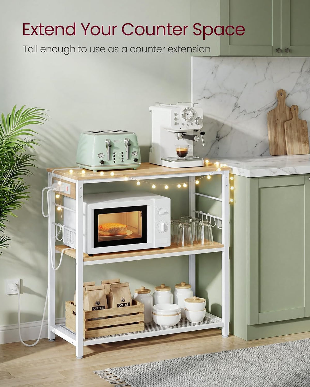 VASAGLE Kitchen Island with Power Strip, Microwave Oven Stand, Kitchen Shelf,...