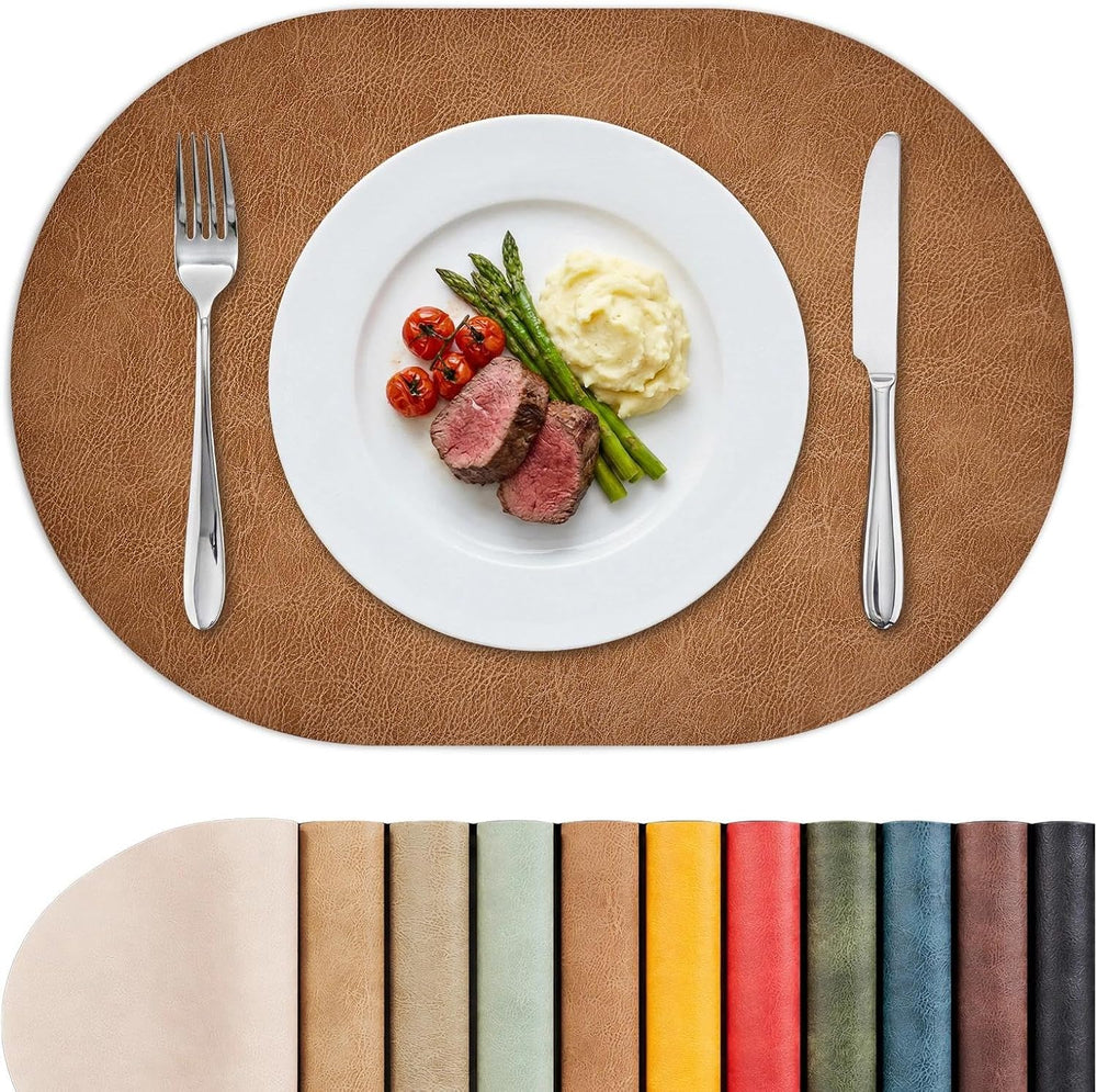 MOSAYT Vinyl Faux Leather Oval Placemats, Set of 8, Reddish Brown
