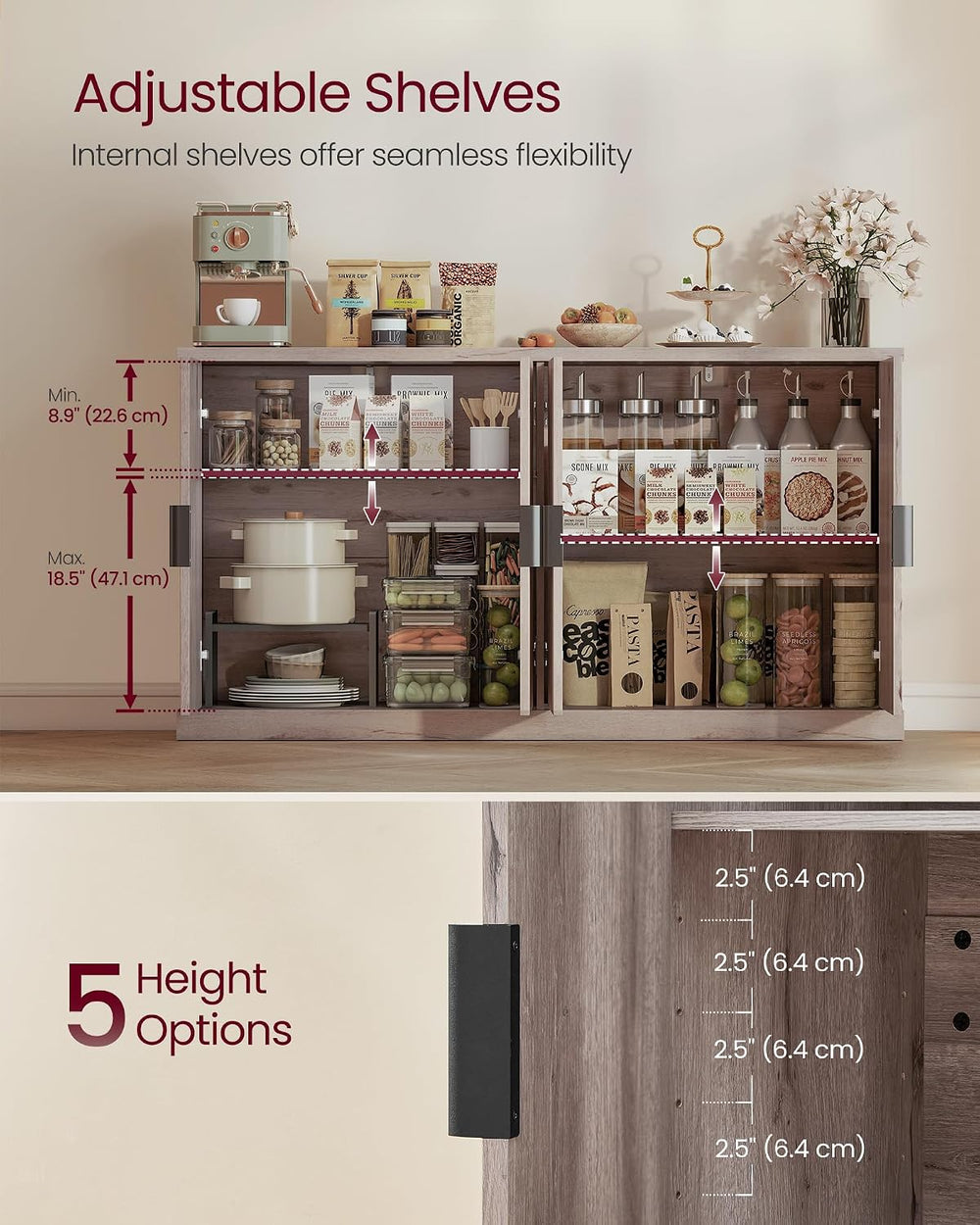 VASAGLE Contemporary Buffet Cabinet with Adjustable Shelves, Fluted Doors