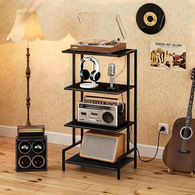 4-Tier AV Media Stand with Power Outlet and LED Lights,Wooden Stereo Stand Ca...