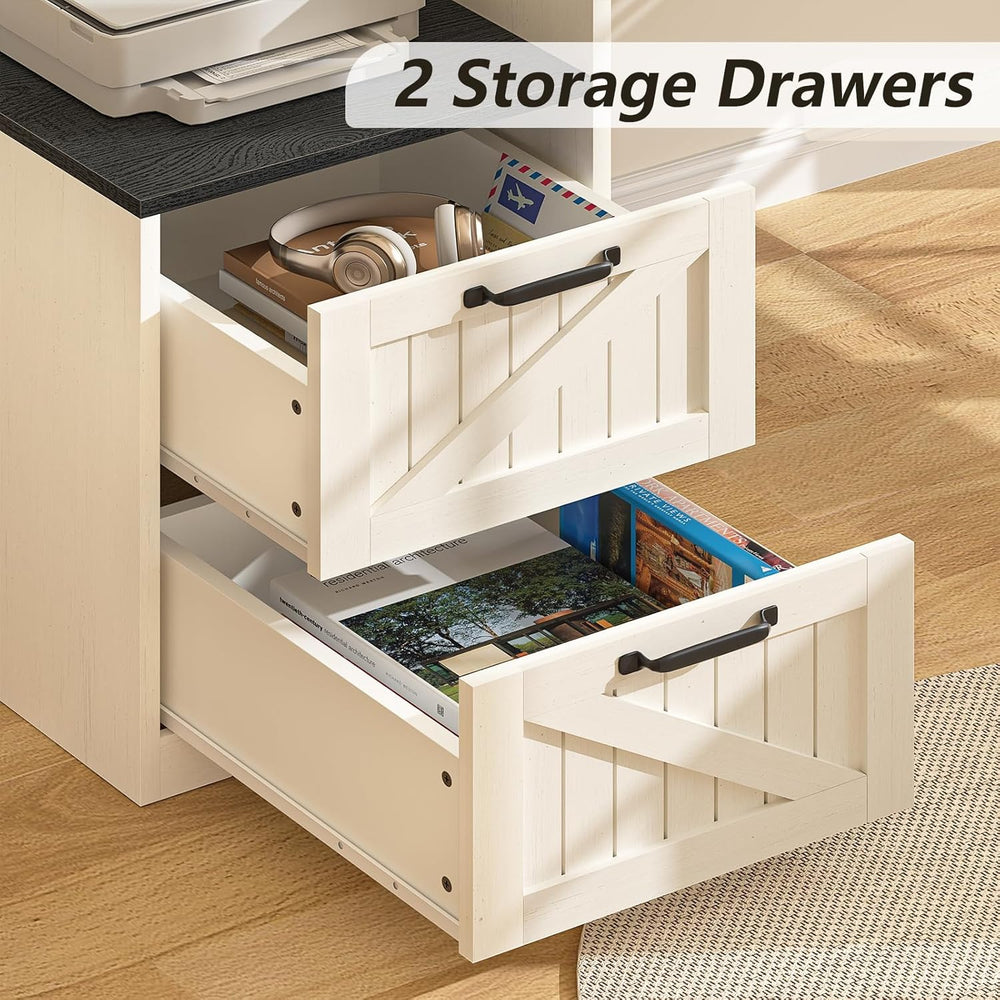 63" Farmhouse L Shaped Desk with Drawers & Printer Shelf for Home Of...