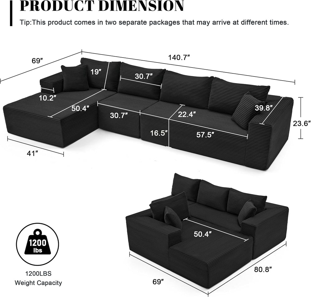 Mangodan 140” Cloud Sectional Couch, Modular Sectional Sofa with Deep Seat, B...