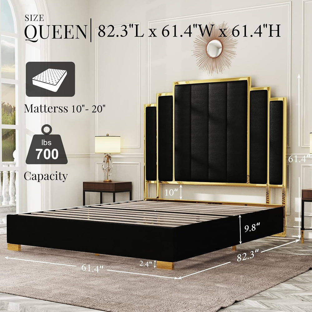 Albott Queen Size Platform Bed Frame, 61.4" Velvet Upholstered Bed with ...