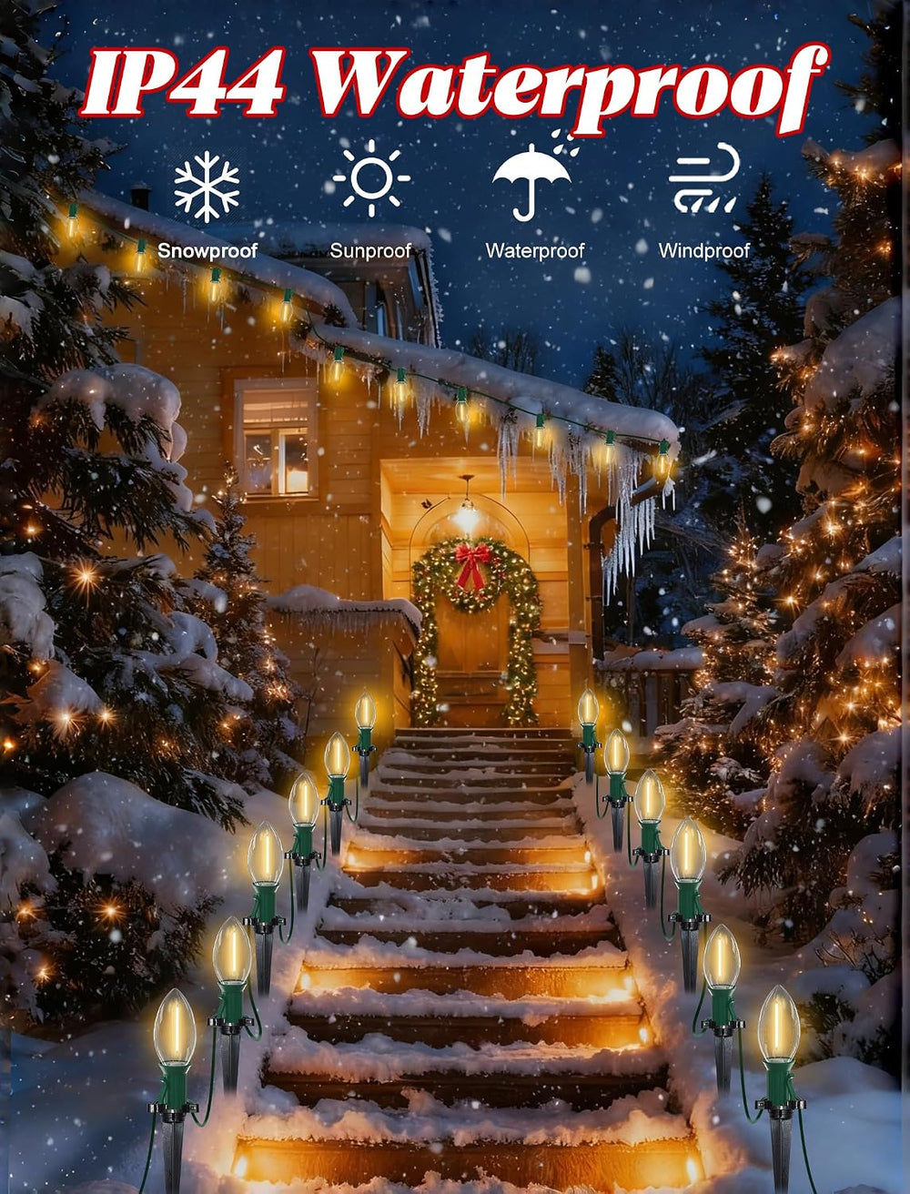 38FT C9 LED Christmas Pathway Lights with 25 C9 Bulbs and Stakes