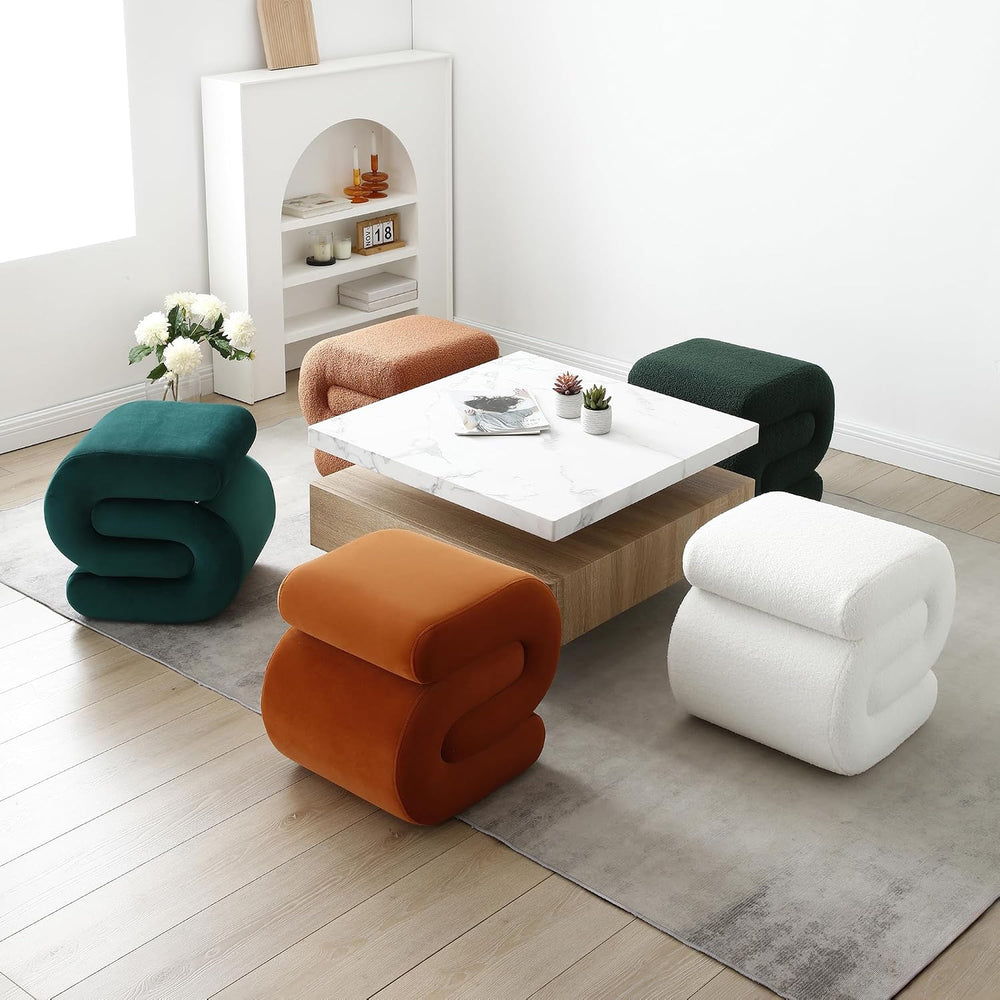 FOXHUNTER S Shape Modern Pouf Ottoman Vanity Stool, Velvet Orange | Footstool...