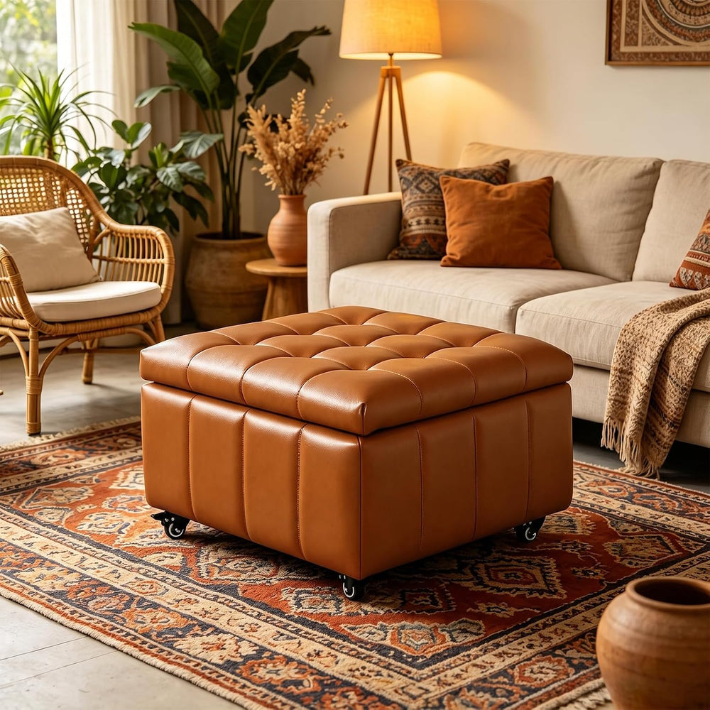 Square Leather Ottoman with Storage and Wheels,360°Rolling ottoman,Faux Leath...