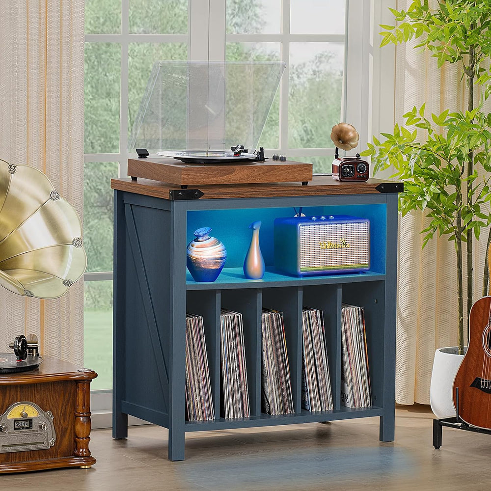 Joaxswe Large Record Player Table with Charging Station & LED Lights, Blu...