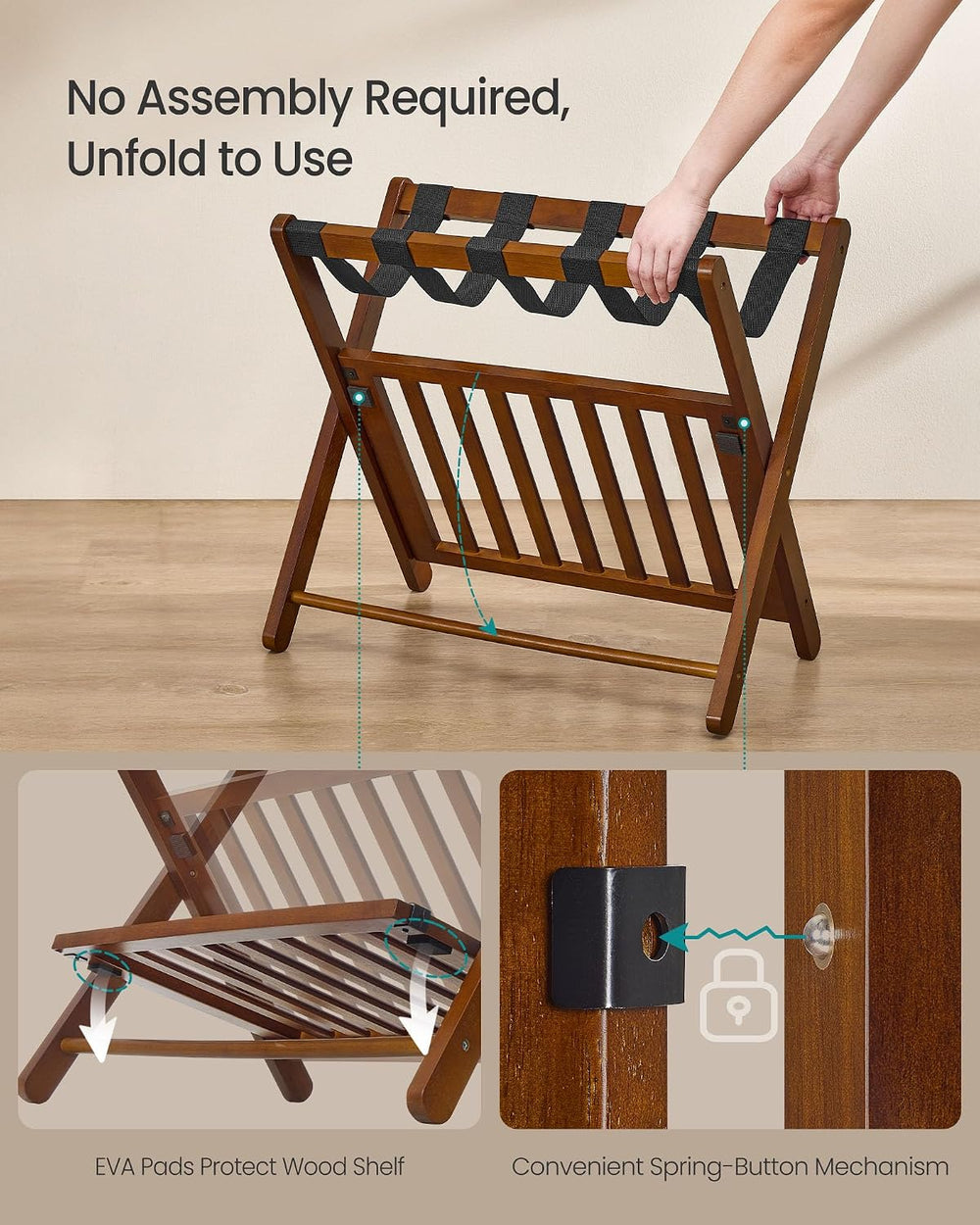 SONGMICS Solid Wood Luggage Rack, No Assembly Required, Foldable Suitcase Sta...