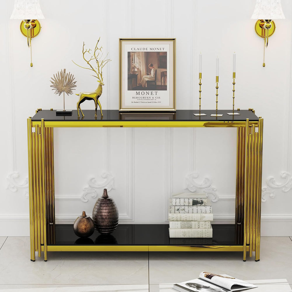Gold Console Table with Tempered Glass for Entryway Living Room, Modern Luxur...